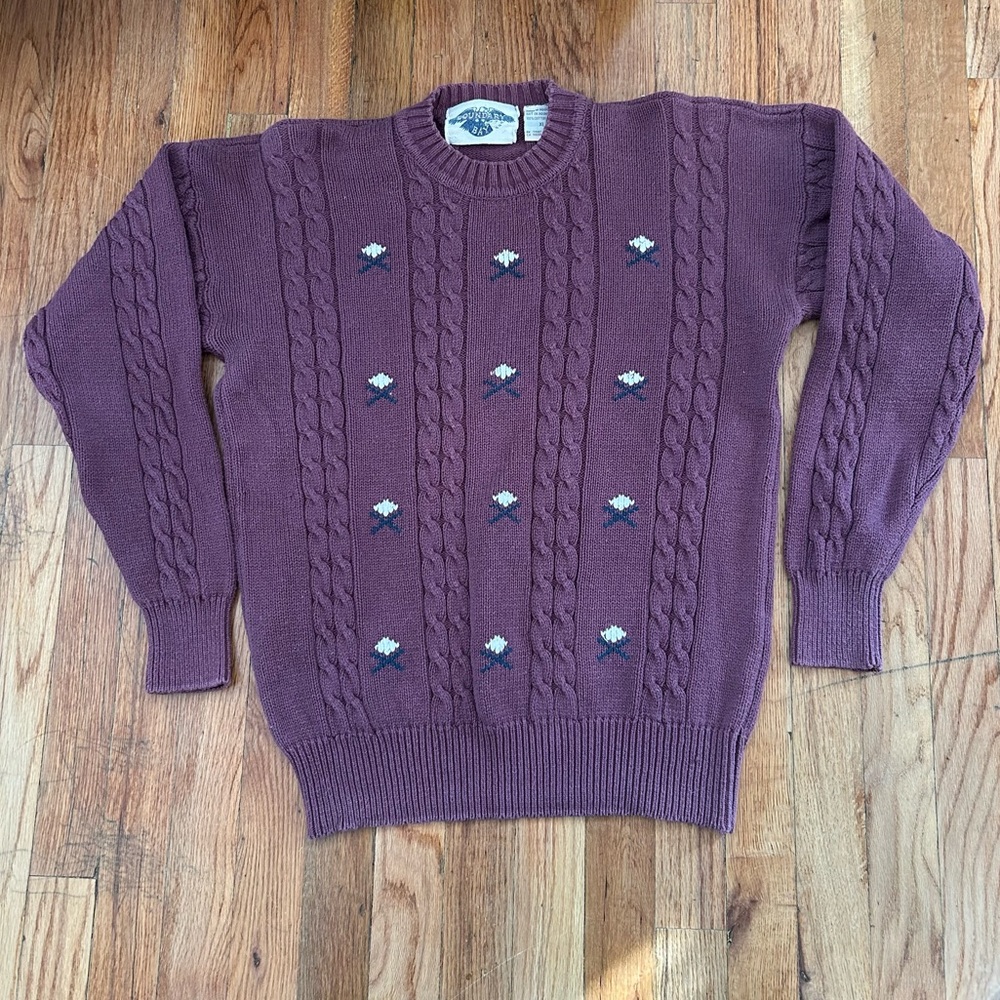 90s Boundary Bay Cable Knit Maroon Flowers Women's Crew Sweater Grandpacore XL